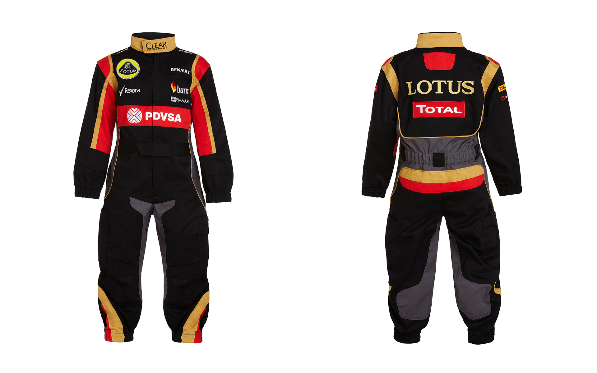 Lotus f1 racing suite front and back invisible mannequin e-commerce photo shoot